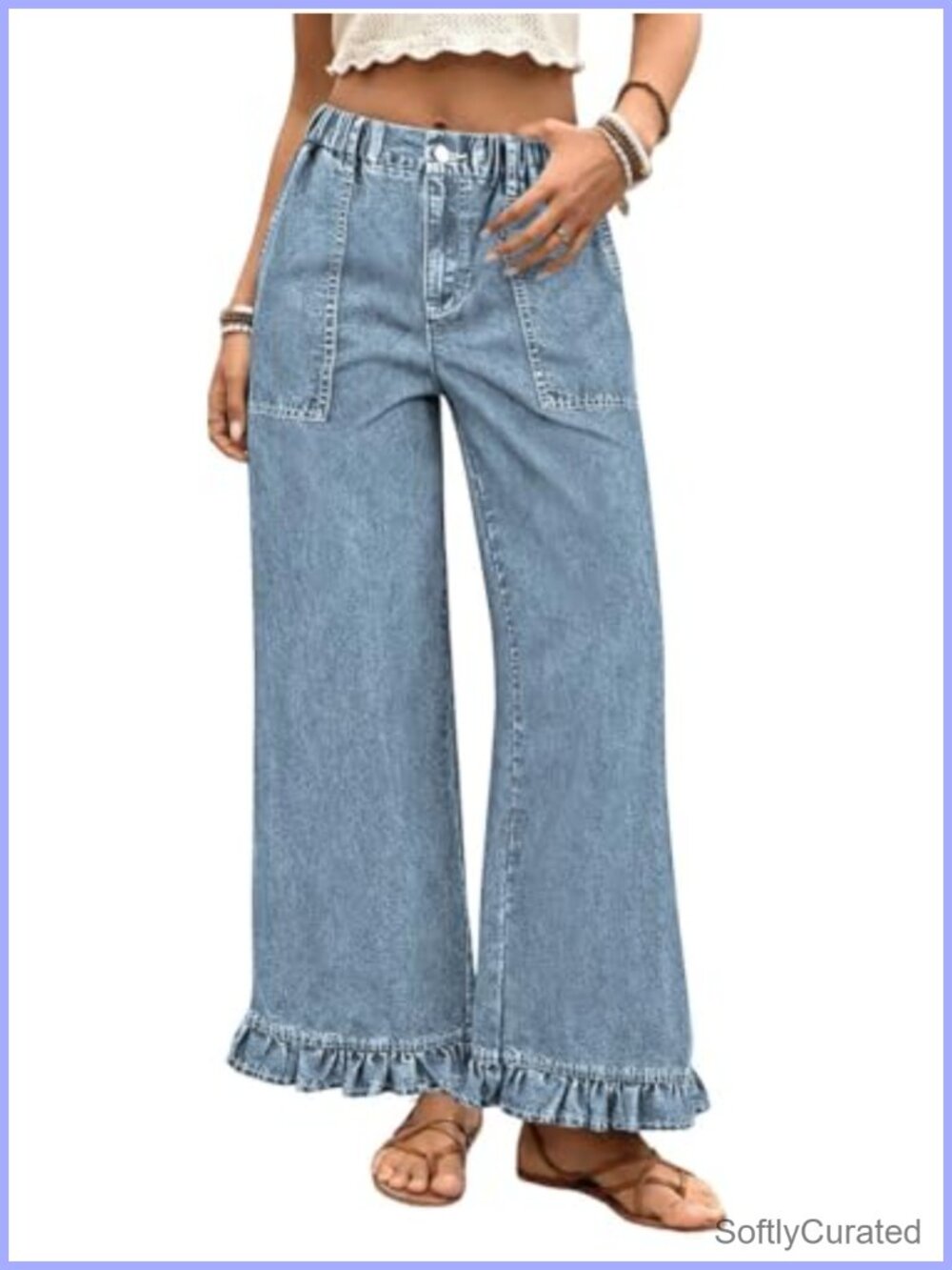 Ruffle Hem Wide Leg Jeans Elastic Waist Denim Pants Boyfriend Baggy Palazzo